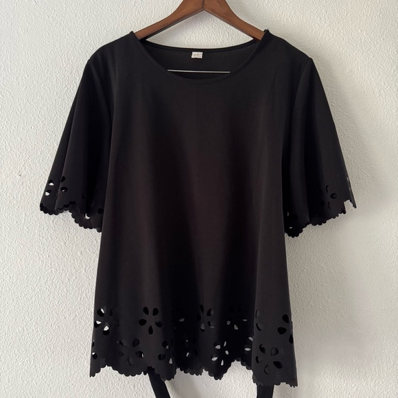 Black Laser Cut Tie Waist Peplum Blouse XXL Bohemian Feminine Romantic - Picture 11 of 13